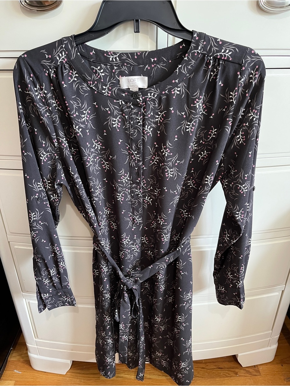LOFT Dark Gray Floral Long-Sleeve Tie-Waist Dress with Pink & White Accents